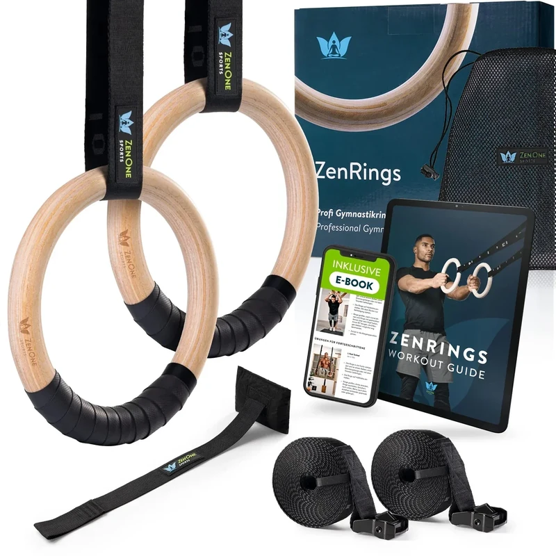 ZenOne Sports® Holz-Turnringe mit Befestigungsgurten, Türanker & Tasche I Turnringe Outdoor & Indoor geeignet I Calisthenics Ringe mit Workout Guide I Gymnastikringe, Olympische Ringe Turnen