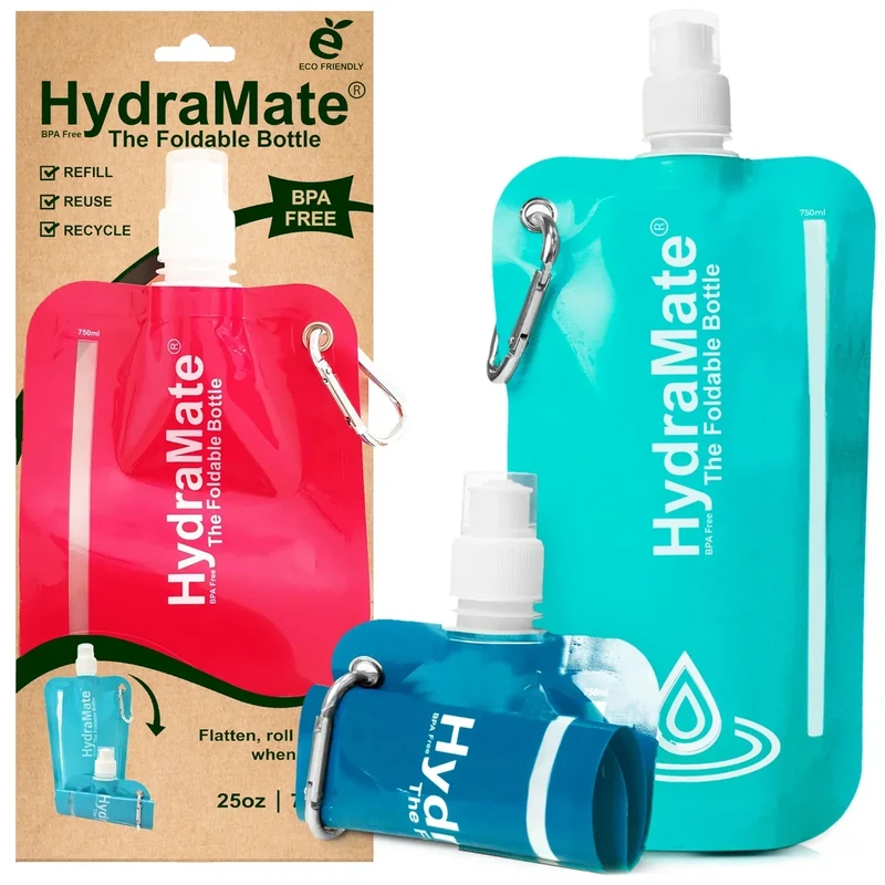 HydraMate Faltbare Trinkflasche 750ml Wiederverwendbare Faltbare Wasserflasche. Zusammenklappbare, Leichte, Flexible, Rollbare, BPA FREIE. Wasserbeutel nachfüllbar mit Karabinerhaken. 3 Stück