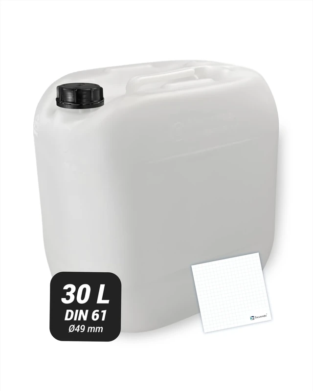 Trevendo Wasserkanister 30 Liter (DIN 61, Ø49 mm) - Vielseitig einsetzbar, robust und sicher - Lebensmittelecht - BPA-frei - Ideal für Camping, Reisen und mehr - inkl Beschriftungsetikett