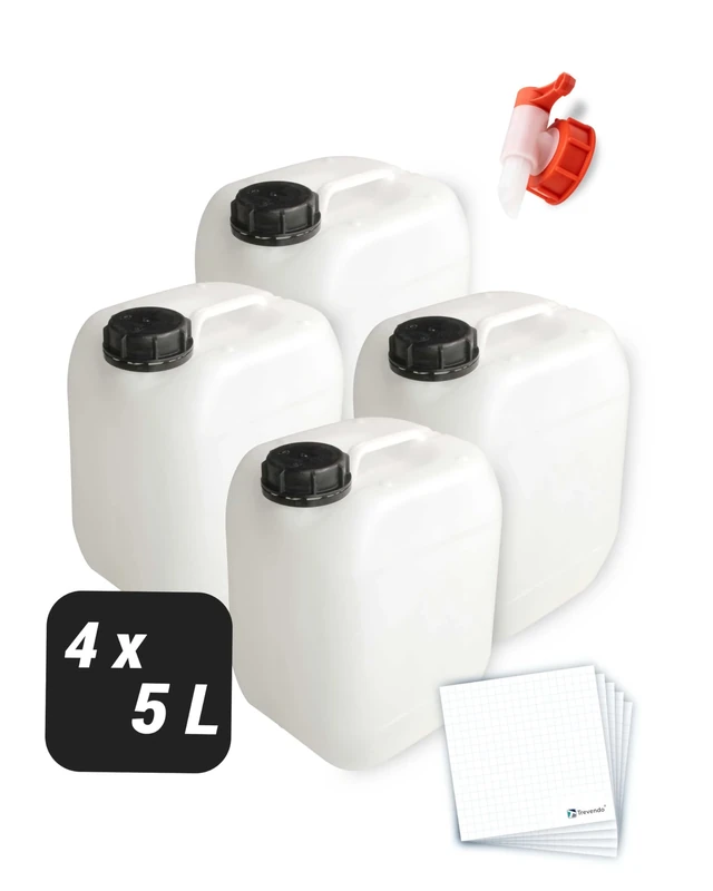 Trevendo 4er-Set Wasserkanister - Leerkanister - Kunststoffkanister (5 Liter, DIN 51, Ø44 mm) - lebensmittelecht & BPA-frei - inkl. Auslaufhahn & Schraubverschluss & Beschriftungsetiketten