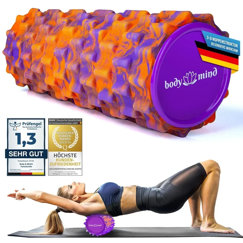 Body & Mind® Faszienrolle Massage-Rolle Fitnessrolle Sportrolle Therapierolle; Faszien-Training am Oberkörper, Nacken, Rücken, Beine, Waden & allen anderen Muskelgruppen; 33 x 14,5 cm; Orange-Lila