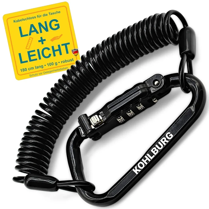 KOHLBURG 180cm extra-langes Zahlenschloss für die Tasche - Kabelschloss 3mm stark als Kinderwagenschloss, Helmschloss, Snowboardschloss & Skischloss - Mini Rennrad & Fahrrad Schloss mit Zahlencode