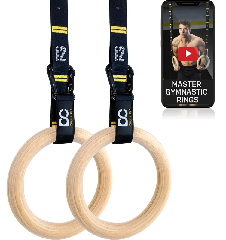 Double Circle Holz Turnringe mit verstellbaren Straps und Übungs Video Anleitung - Gym Turnringe Holz - Full Body Workout, Calisthenics, Gymnastikringe