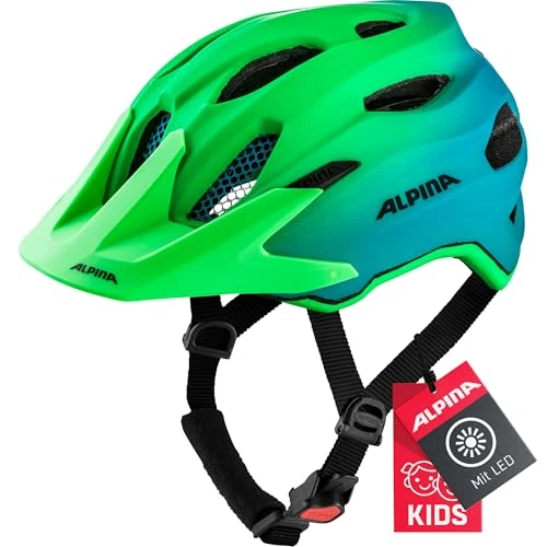 ALPINA CARAPAX JR. FLASH - Beleuchteter, Leichter und Sicherer LED Fahrradhelm Mit Fliegennetz Für Kinder, green-blue, 51-56 cm