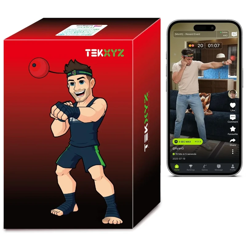 TEKXYZ Reflexball mit Zähler-App und Online-Community, 2 Stufen, Boxball mit Stirnband für Reaktion, Agilität, Schlagtempo und Hand-Auge-Koordination