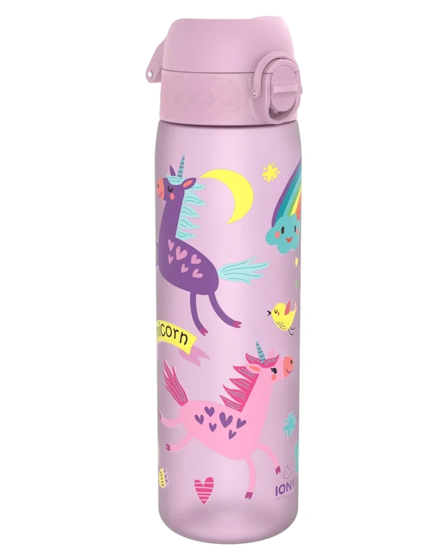 ion8 Trinkflasche, 500 ml, Auslaufsicher, Einhandöffnung, Sichere Verriegelung, Spülmaschinenfest, BPA-frei, Tragegriff, Klappdeckel, Leicht zu Reinigen, Klimaneutral, Einhörner-Design