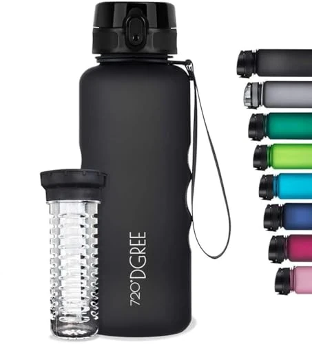 720°DGREE Wasserflasche mit Fruchteinsatz, BPA-frei, BPS-frei, Tritan für Erwachsene und Kinder, 1,5 Liter, für Sport, Fitnessstudio, Büro, Training | Onyx Black
