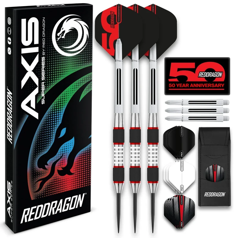 RED DRAGON Darts – Axis Rot Series 24g – 85% Wolfram - Profi Satz Dartpfeile Metallspitze mit Dart Flüge und Schäften