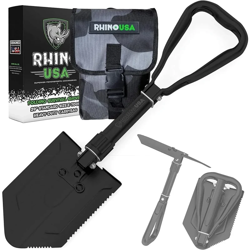 Rhino USA Klappspaten mit Hacke für die Survival Ausrüstung – Klappschaufel aus Karbonstahl für die Outdoor Ausrüstung, Campingausrüstung, als Gartenschaufel, Strandschaufel und Schneeschaufel