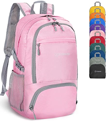 ZOMAKE Leicht Faltbarer Rucksack Packbare Backpacks 30L,Kleiner Faltbar Wanderrucksack Wasserdicht für Damen Herren Outdoor Wandern(Hellrosa)