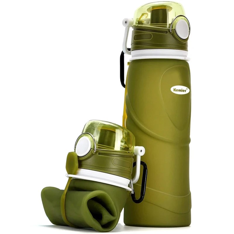 Kemier kollabierbare Silikon-Wasserflaschen-750ML, Medizinische Qualität, BPA-Frei, FDA-Zugelassen, Aufrollen, 26oz, auslaufsicher, Faltbar Sport & Outdoor-Wasserflaschen (Grün)