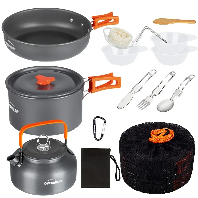 OVERMONT Camping Kochgeschirr Set Outdoor Geschirr Set Kochtopf Set Grillgeschirr Picknick Topf mit Kaffeekanne Teekanne Aluminium - Image 1