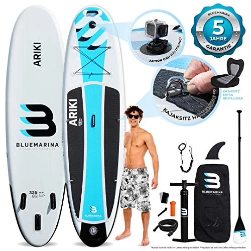 Bluemarina Stand Up Paddle Board Ariki aufblasbar - 5 JAHRE GARANTIE - bis 140 kg Tragkraft - inkl. Doppelhub Pumpe & Rucksack - 325x86x15 cm - SUP Paddling(Cool Blue 325x86x15cm)