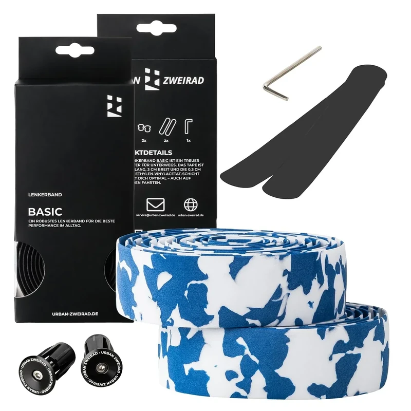 URBAN ZWEIRAD - Lenkerband Rennrad Camo Blau/Weiß - inkl. Endstopfen und Klebestreifen - Griffband Rennrad Weiß extra griffig - 200 cm x 3 cm - 3 mm Stärke