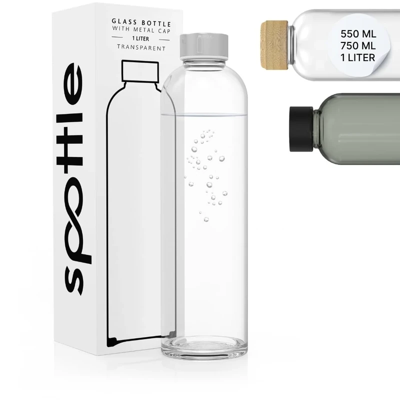 spottle Trinkflasche Glas 1L - Glasflasche in 500ml - 750ml oder 1 Liter - Glas Wasserflasche für Kohlensäure geeignet – Glastrinkflasche spülmaschinenfest & auslaufsicher