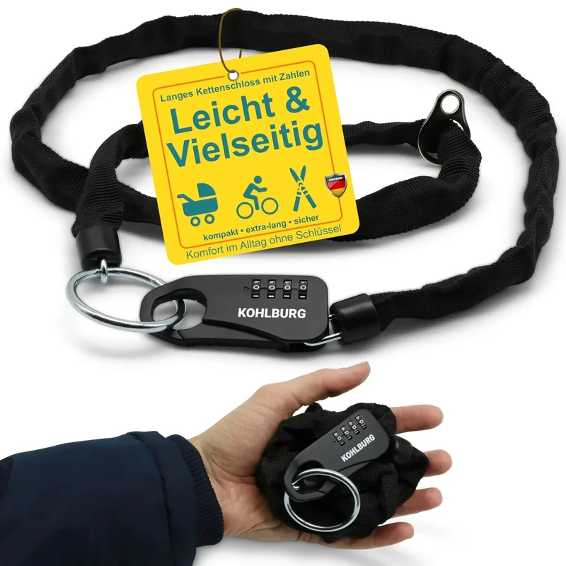 KOHLBURG sicheres + leichtes Taschenschloss mit Zahlencode [129cm lang, 3mm stark] - als Kinderwagenschloss Skischloss Snowboardschloss & Helmschloss Motorrad - Zahlenschloss Fahrrad Kinderwagen