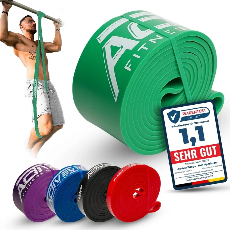 ActiveVikings® Pull-Up Fitnessbänder | Perfekt für Muskelaufbau Freeletics Calisthenics | Fitnessband Klimmzugbänder Widerstandsbänder (E - Grün : X-Heavy (sehr starker Widerstand))