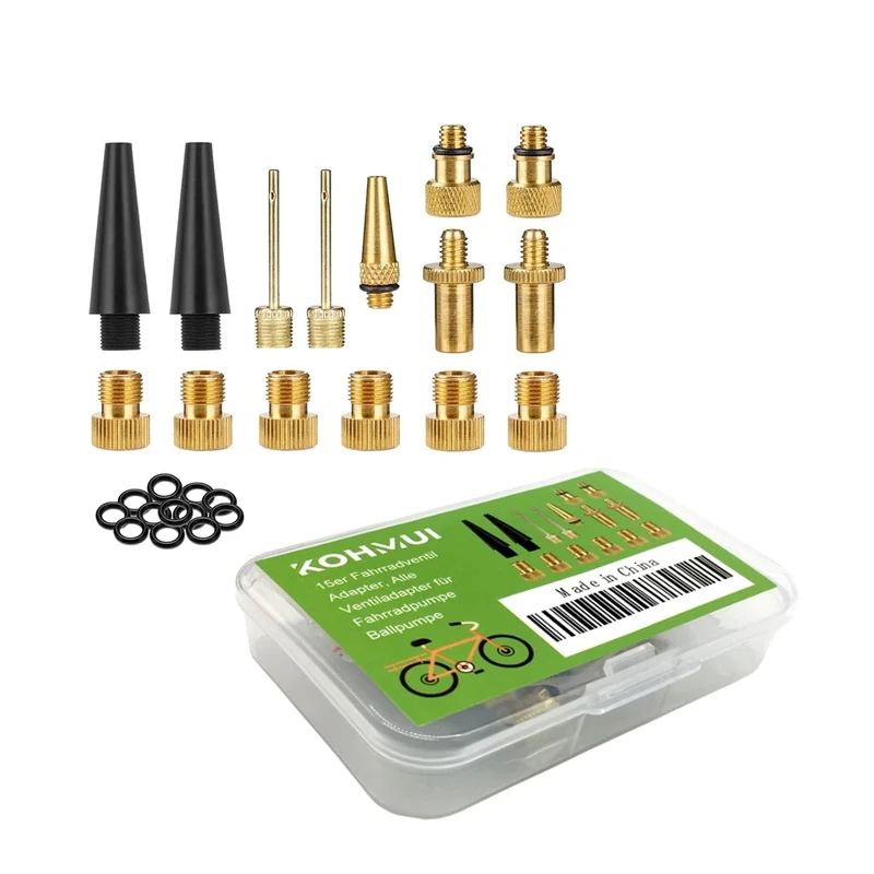 Fahrradventil Adapter, KOHMUI 15er Premium Fahrrad Ventil Set, Alle Ventiladapter SV AV DV Dunlop Französisches Blitzventil Autoventil Sclaverandventil mit Dichtring für Kompressor Fahrradpumpe