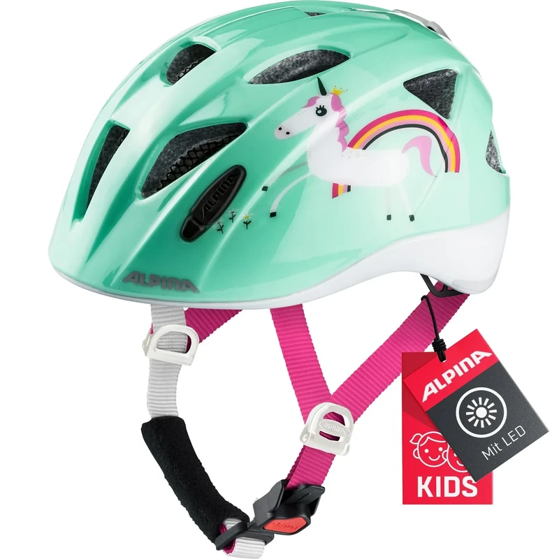 ALPINA XIMO - Leichter, Sicherer & Bruchfester Fahrradhelm Mit LED-Licht Für Kinder, Mint Unicorn, 45-49 cm