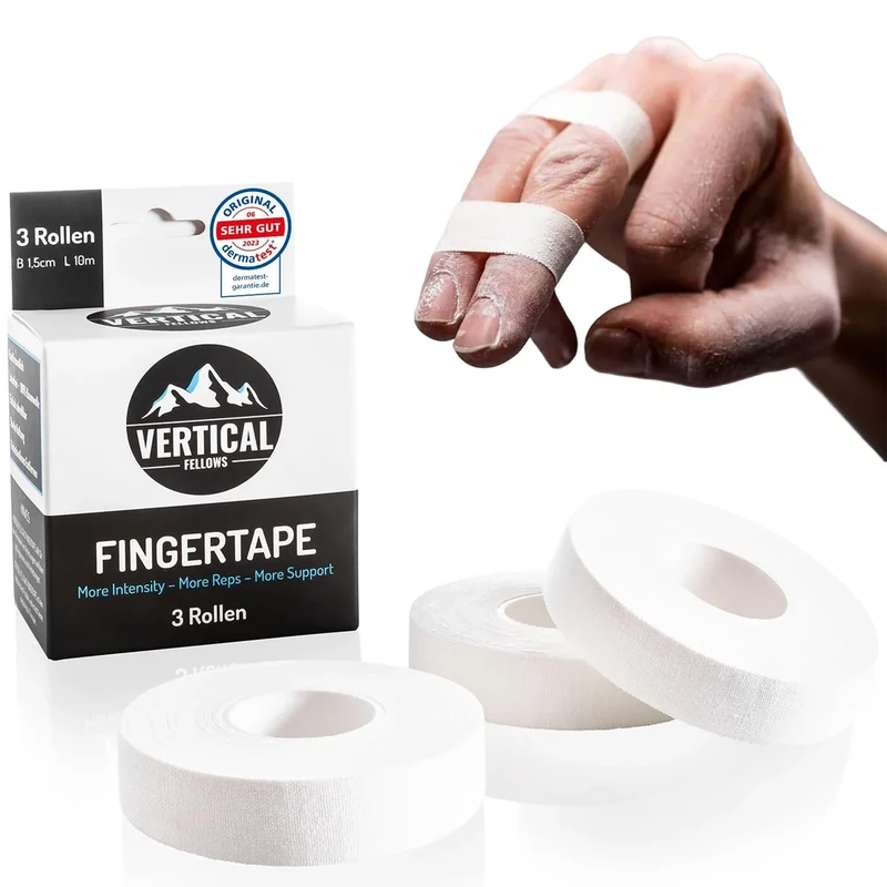 VERTICAL FELLOWS® 3 Rollen Klettertape 1,5cm breit - DERMATEST sehr gut - mit PDF Tapeanleitung - ideales Fingertape für Klettern Bouldern Kraftsport Volleyball Handball Kampfsport