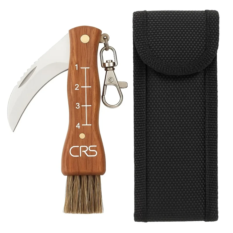 CRS Polizeigeprüftes Pilzmesser mit Bürste | Schwammerlmesser mit Pinsel zum aufklappen | Klappmesser mit gebogener Klinge Lineal aus rostfreiem Stahl | Kleines Taschenmesser (mit Tasche)