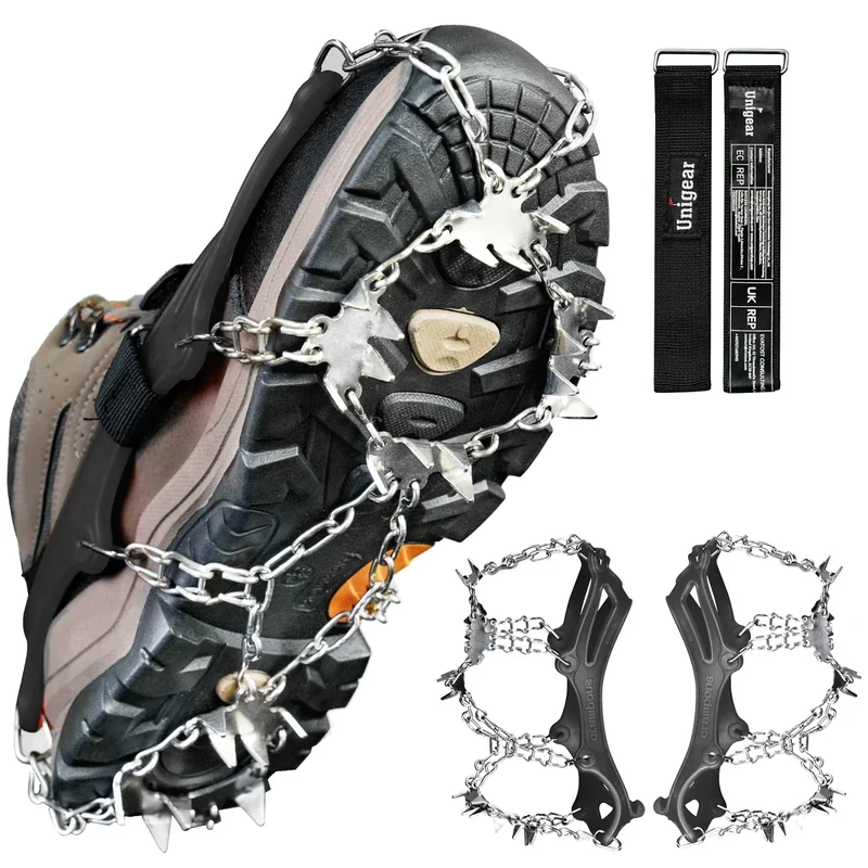 Unigear Steigeisen für Wanderschuhe, Grödel und Spikes für EIS, Schnee,24 Schuhspikes,Schneespikes, Eisstollen, Traktion mit Anti-Rutsch für Walking, Joggen, Klettern und Wandern