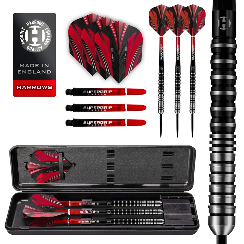 Harrows Predator 90% Wolfram-Dartpfeile in Schwarz und Silber | Darts-Set mit Stahlspitze | 21g, 22g, 23g, 24g, 25g & 26g | Enthält Supergrip Fusion Shafts und 100 Micron Predator Flights (25g)
