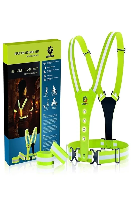 LUMEFIT Warnweste Reflektorweste Sicherheitsweste Reflektierende gelbe Laufwesten mit Armbändern High-Vis für die Sicherheit von Kindern Frauen Männern 8 helle LEDs Tag und Nacht Motorrad Radfahren