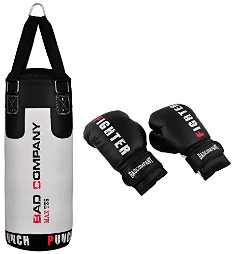 Bad Company Boxset für Kinder und Jugendliche bis 12 Jahre grau - Boxsack gefüllt mit Aufhängung 55 x 25 cm und Boxhandschuhe Kinder 8oz - Boxsack Set Kinder hängend