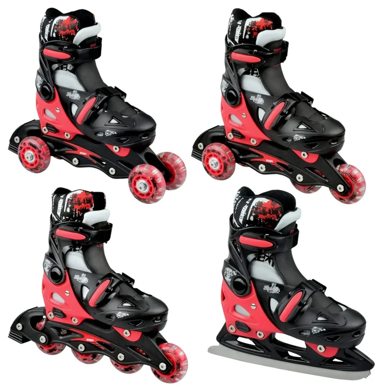 RAVEN 4in1 Inline Skates Triskates Rollschuhe Schlittschuhe Inliner für Kinder Mädchen Jungen verstellbar (Singer Black/Red, 33-36 (20cm-22,5cm))
