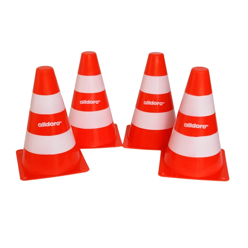 alldoro 60090 Pylonen 4er-Set für Kinder, Verkehrshütchen orange-weiß, 18 cm hoch, stapelbare Leitkegel für Slalom, Sport & Freizeit