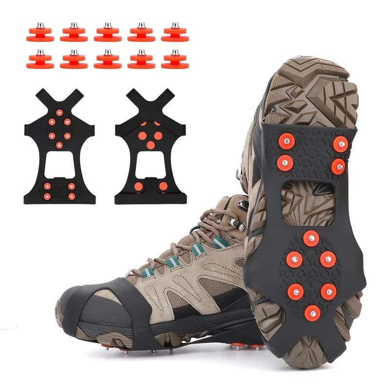 TBoonor Schuhspikes Schuhkrallen Ice Klampen Schnee Spikes Steigeisen Eiskrallen Anti Rutsch mit 10 (Orange Rot, M 35-40 (EU)) - Image 1