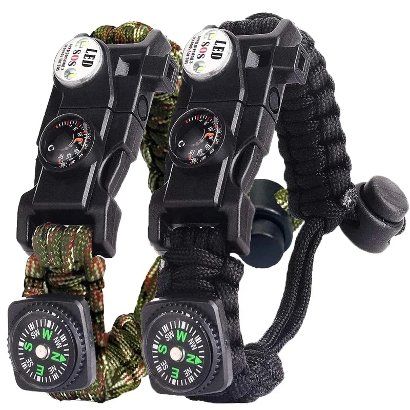 Paracord Survival Armband Kit für Herren Damen, Survival Armband mit Feuerstein + Kompass (Schwarz + Armeegrün)