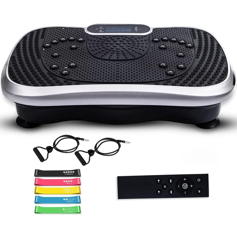 Vibrationsplatte - Fitnessgeräte für Zuhause - 99 Intensitätsstufen - 5 Trainingsprogramme - Massagegerät & Sportgerät mit Bluetooth für Home Workout - Mit Widerstandsbändern - WeightWorld