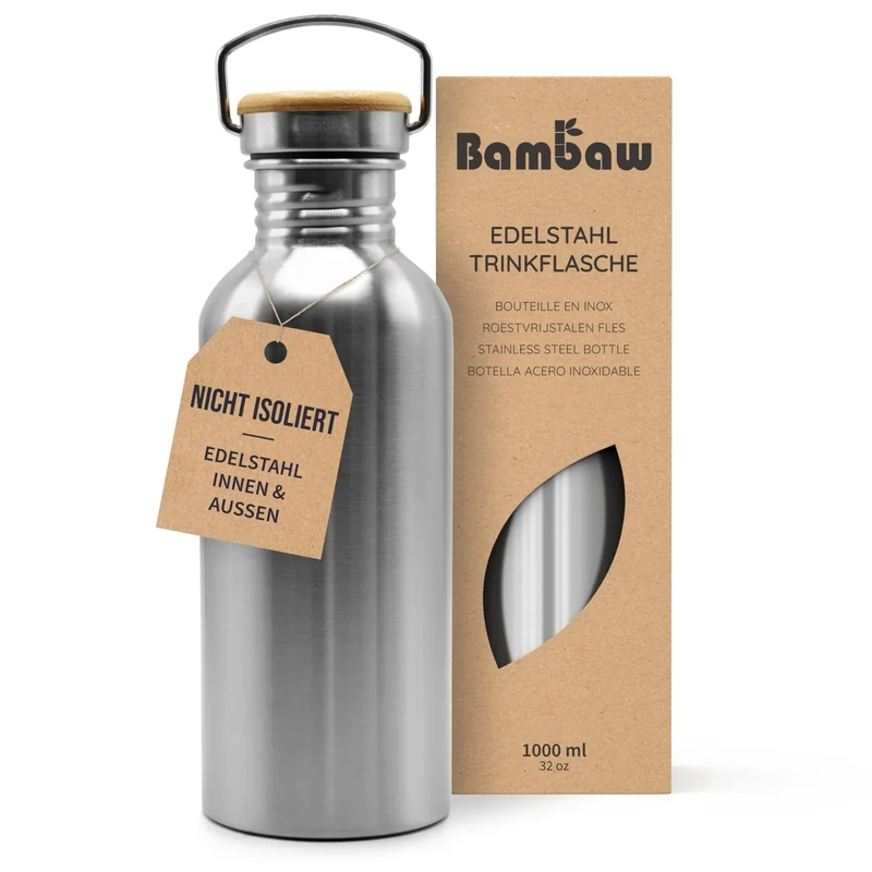 Bambaw – Edelstahl Trinkflasche 1l, Wasserflasche 1l, Nicht Isolierte Einwandige, Trinklasche Edelstahl, Auslaufsichere Metall-Wasserflasche, Outdoor-Trinkflasch, trinkflasche 1l, wasserflasche - Image 1