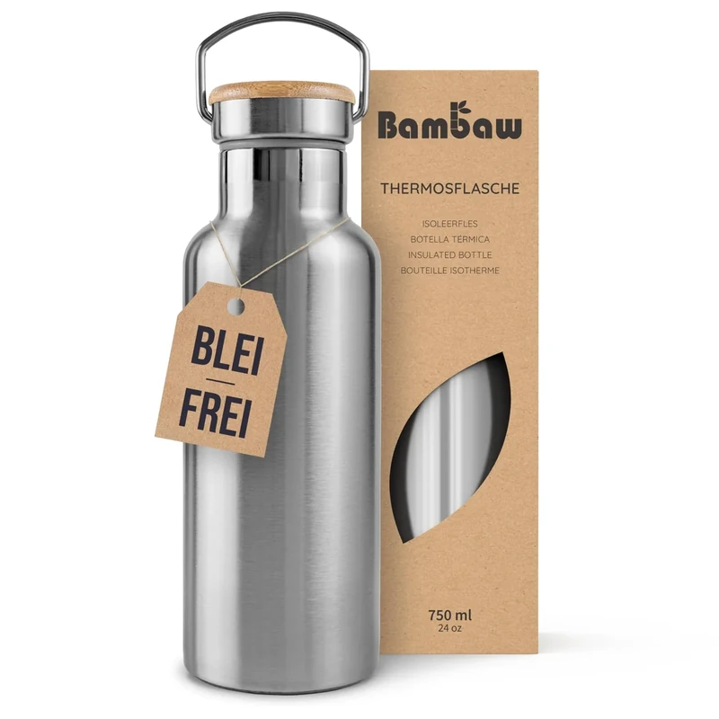Bambaw Edelstahl Trinkflasche 750 ml | Isolierte Thermosflasche für Sport, Büro, Schule, Outdoor | Auslaufsicher & ohne Plastik | Langlebige Wasserflasche für heiße & kalte Getränke | Metall Flasche
