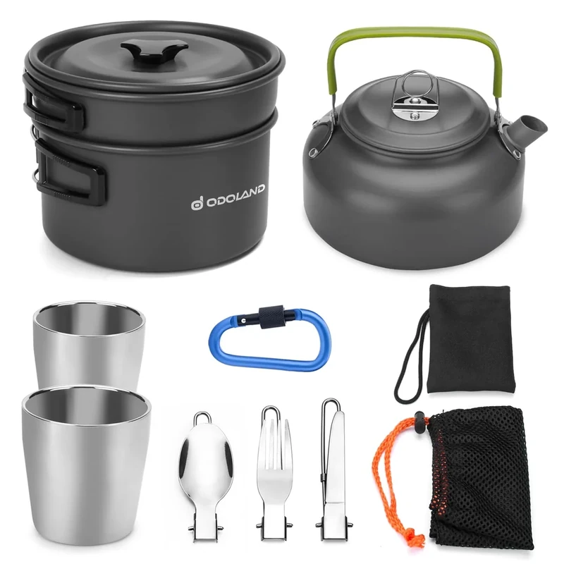 Odoland Geschirr-Set für 1-2 Personen, Kochset mit tragbarem Aluminiumtopf Teekessel Tassen faltbares Besteck, für Camping Outdoor Picknick Wandern