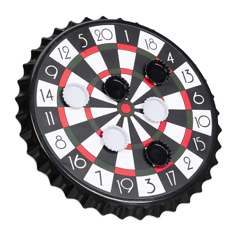 Relaxdays 10023506 Kronkorken Dartscheibe, magnetische Zielscheibe, Dart Trinkspiel mit 6 Kronkorken, Partyspiel Ø 25 cm, schwarz