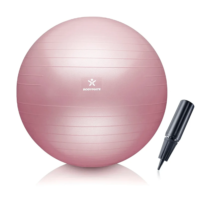 BODYMATE Gymnastikball Sitzball Trainingsball mit GRATIS E-Book inkl. Luft-Pumpe, Ball für Fitness, Yoga, Gymnastik, Core Training, für starken Rücken als Büro-Stuhl Rose 65cm