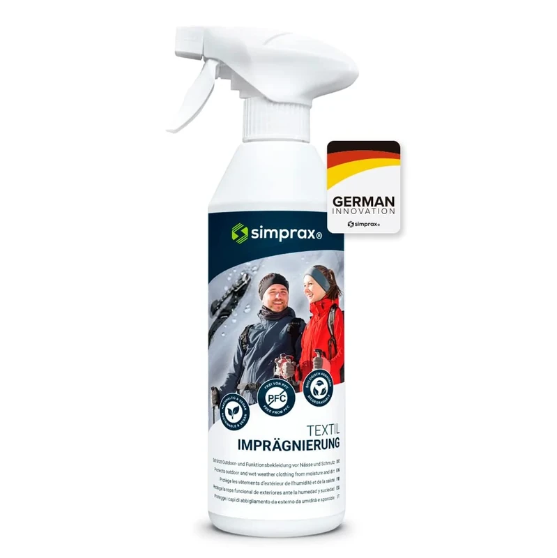 simprax® Textil Imprägnierung - Nachhaltiges Imprägnierspray für Outdoor- u. Funktionstextilien - Gore-Tex | Sympatex | Softshell - OEKO-TEX zertifiziert | GOTS Approved - ohne Treibgase - 600ml