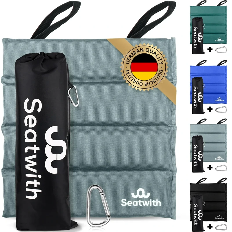 Faltbares Iso-Sitzkissen Outdoor Sitzmatte (35x35cm) mit Tragetasche + Karabinerhacken für idiale Befestigung am Rucksack maximaler Schutz vor Kälte Nässe Schmutz GRAU