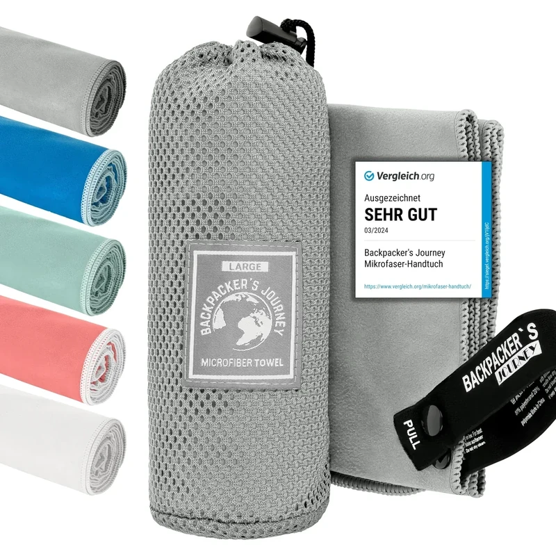 Backpacker's Journey Mikrofaser Handtücher in S M L XL. Reisehandtuch Sets leicht, schnelltrocknend, saugfähig und antibakteriell (grau XL&L)