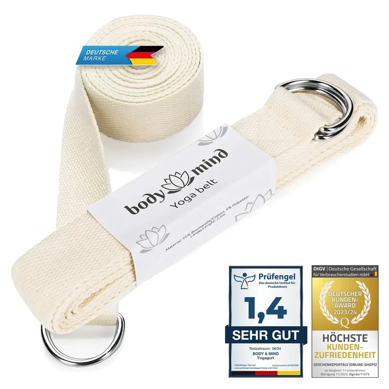 Body & Mind® Yogagurt aus 100% Natur Baumwolle - 250 cm lang; Yoga-Band Yoga-Gürtel mit D-Ring-für Anfänger & Fortgeschrittene; Pilates & Fitness Übungen (Beige)