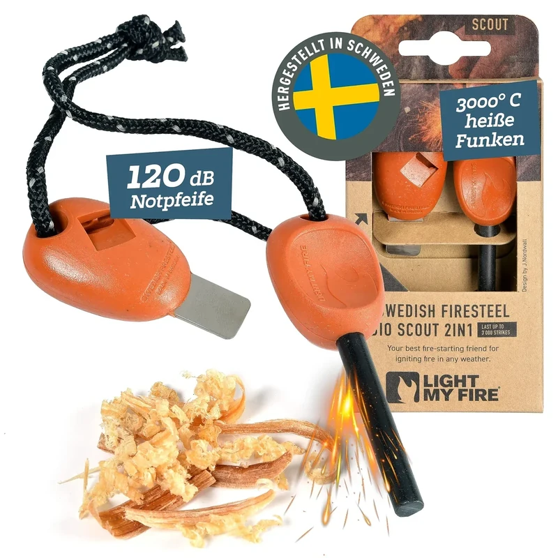 LIGHT MY FIRE Feuerstahl Outdoor Scout 2-in-1 mit Notfallpfeife, Feuerstahl Survival Gadget Feuerstein Feuerzeug, Ewiges Streichholz mit Bio-basierter Kunststoffgriff 3000 Zündungen
