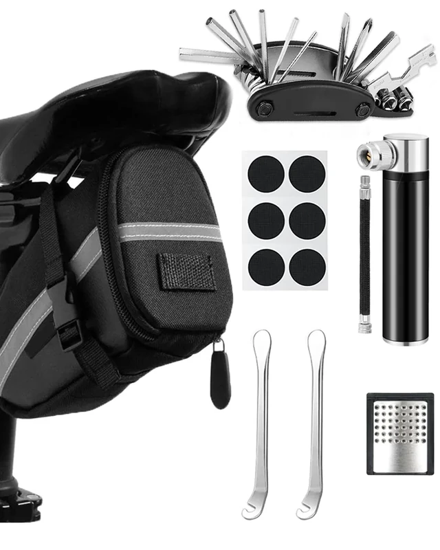 Fahrrad Reparaturset mit Satteltasche, 16-in-1 Fahrrad Multitool + 120 PSI Mini-Luftpumpe, Fahrrad Werkzeugset unterwegs, Notfallwerkzeug Flickzeug | Werkzeug Set für Fahrrad, MTB, Rennrad