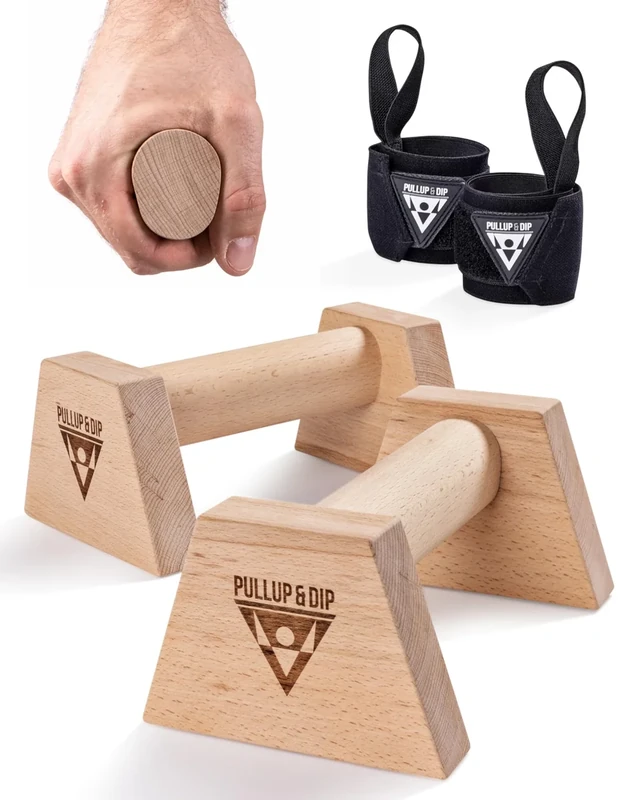 PULLUP & DIP Liegestützgriffe aus Holz inkl. Handgelenkbandagen – Ergonomische Handstandgriffe, rutschfeste Push-Up Bars für Calisthenics, Fitness & Oberkörpertraining
