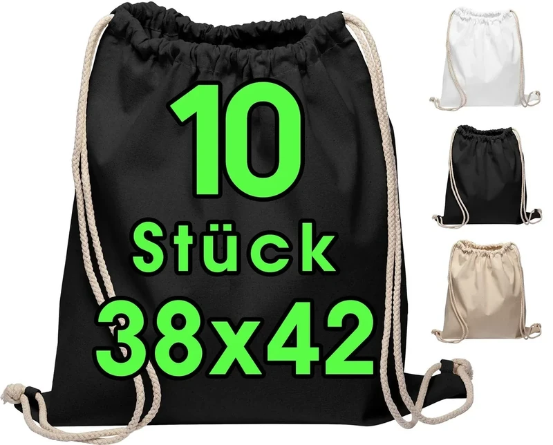 Baumwollbeutel 10 Stück 38x42cm Sportbeutel - Rucksack Stofftasche Turnbeutel Bag, Beutel, Baumwollbeutel, Jutebeutel OEKO-TEX® zertifiziert Stoffbeutel Einkaufsbeutel Gym Sac Sack zum bemalen Schwarz