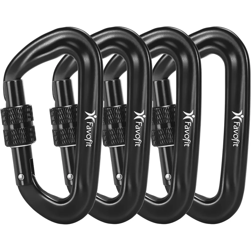 Favofit Verriegelbare Karabiner-Clips, 4 Stück, 12 kN (je 1223 kg), robuste Karabinerhaken für Camping, Wandern, Outdoor & Fitnessstudio usw., kleine Karabiner (Schwarz)
