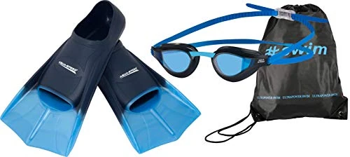 Aqua Speed Set HIGH TECH Kurze Schwimmflossen für Erwachsene und Kinder + ULTRAPOWER #Swim Beutelrucksack + Rapid Schwimmbrille | Trainingsflossen | Kurzflossen | Gr.33/34, blau/hellblau/03