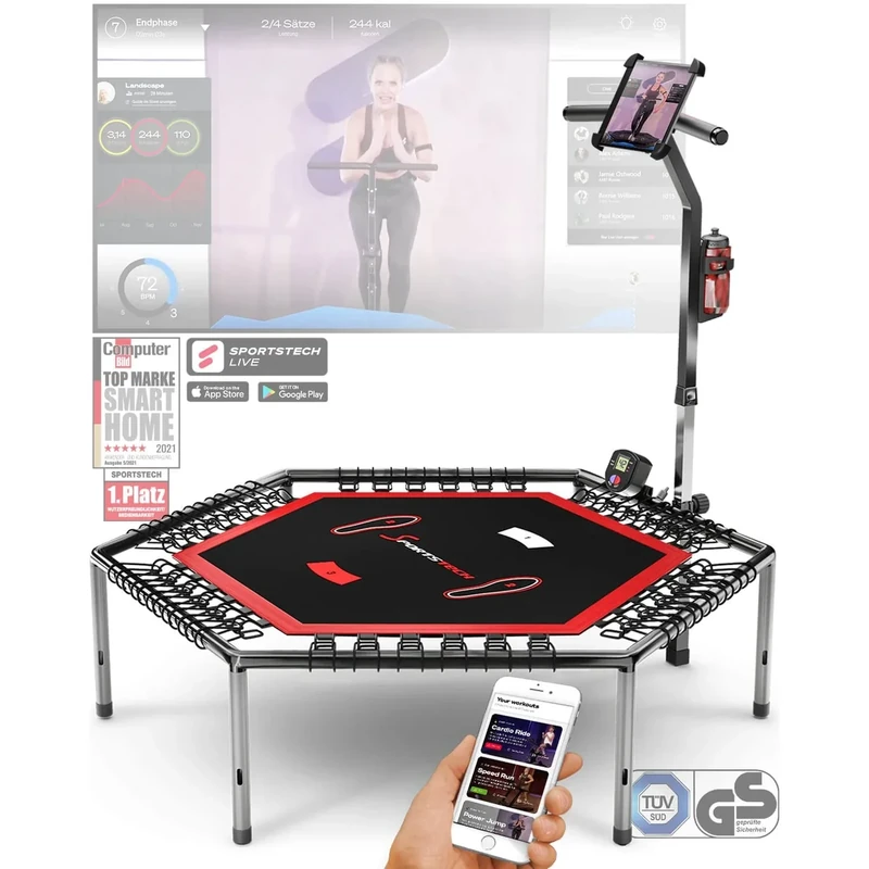 Sportstech HTX100 Trampolin, klappbar | Deutsche Qualitätsmarke | Fitness Trampolin mit Haltegriff | Indoor Jumping für Kinder und Erwachsene | TÜV/GS, Sprungzähler, APP (HTX100)